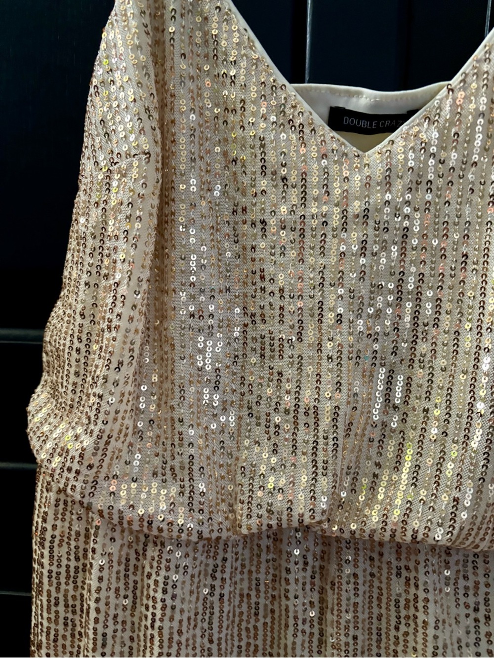 Double Crazy Sequined Gold Spaghetti Strap Romper with attached Shorts - Picture 3 of 7